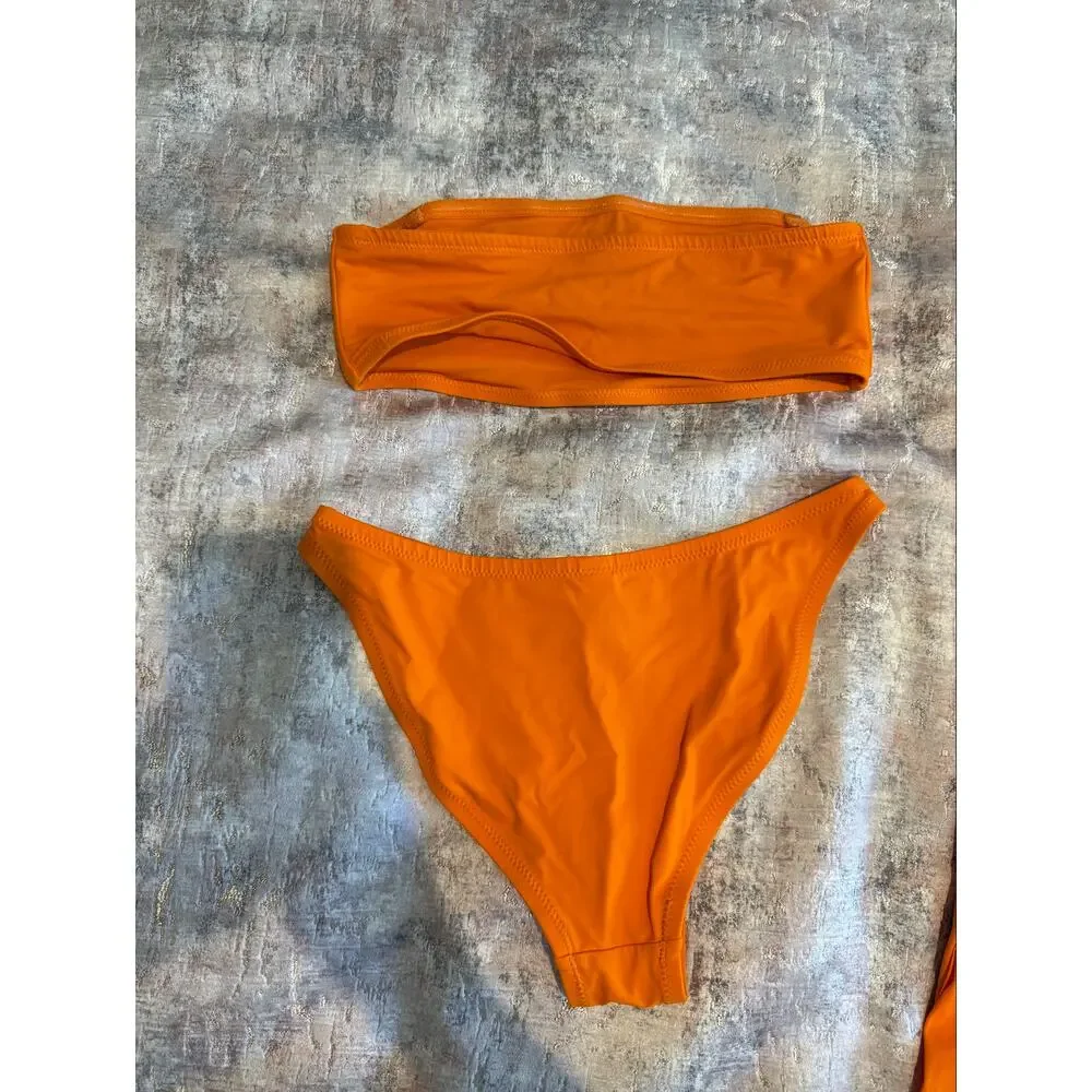 Skims Orange Bandeau Bikini Set + Matching Sarong Swim Skirt | 3-Piece